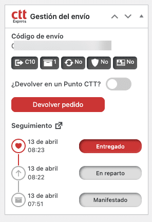 Detalle de envío de paquetería CTT Express