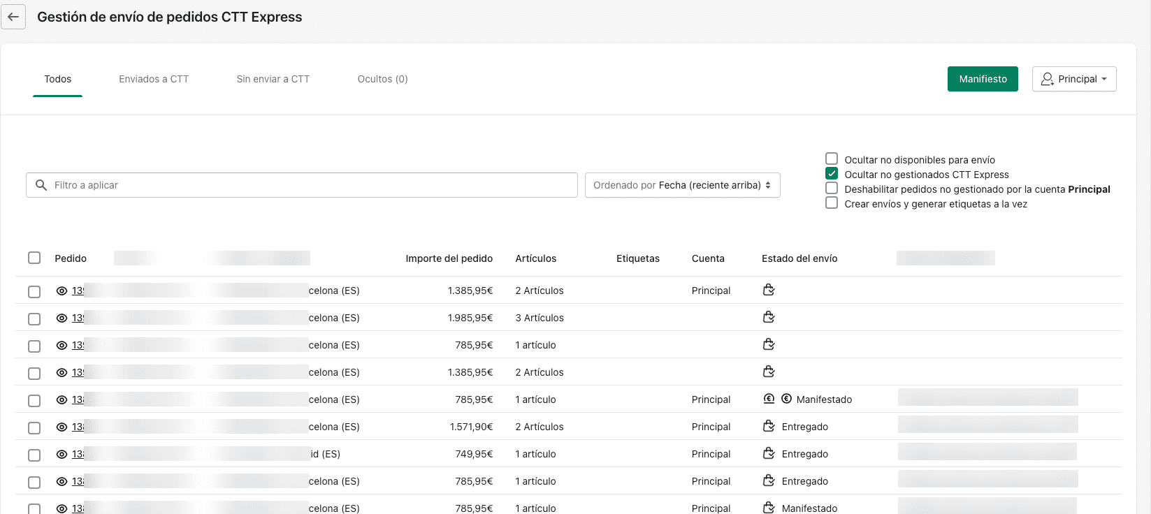 Listado de pedidos para envíos CTT Express en Shopify