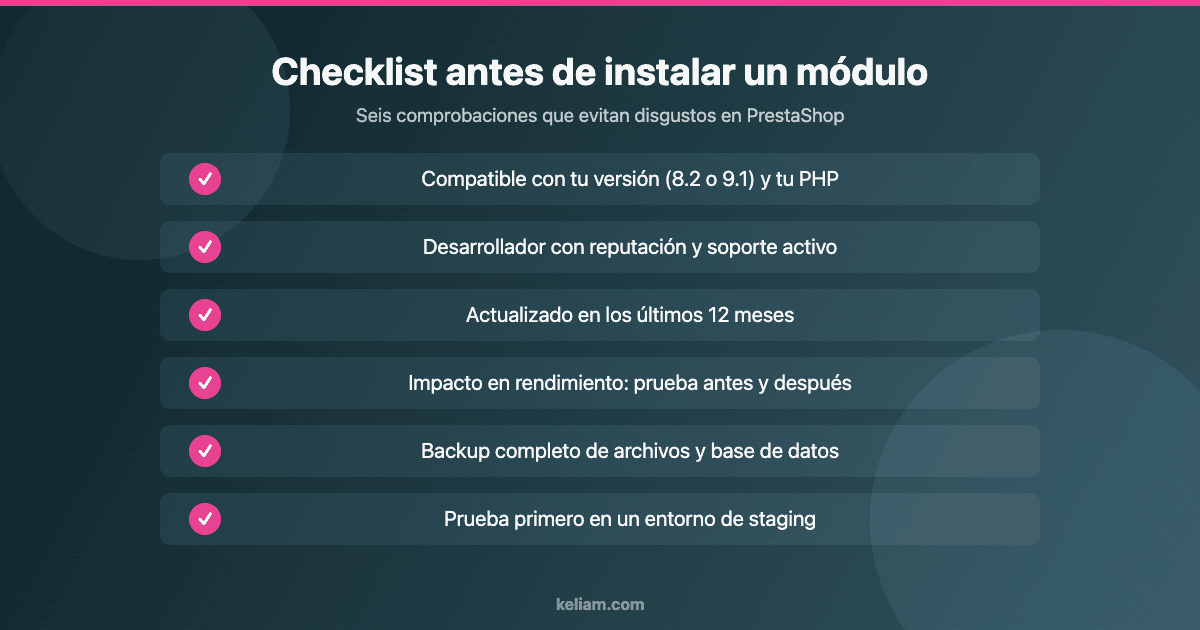 Checklist antes de instalar un módulo gratuito en PrestaShop: compatibilidad, reputación, actualizaciones, rendimiento, backup y staging