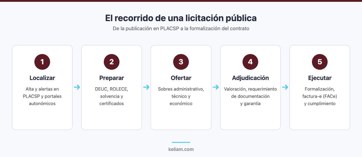 Diagrama del recorrido de una licitación de tecnología para pymes: localizar en PLACSP, preparar DEUC y ROLECE, presentar oferta, adjudicación y ejecución