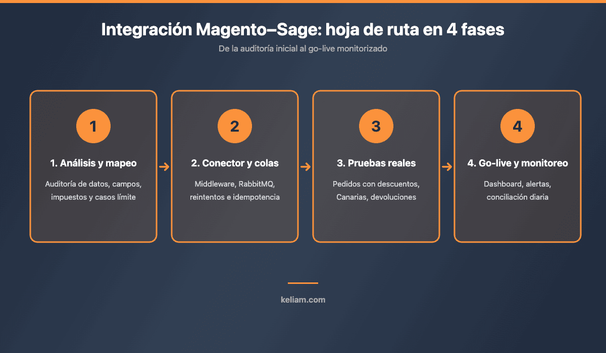 Hoja de ruta de integración Magento Sage en 4 fases: análisis y mapeo, conector y colas, pruebas reales y go-live monitorizado