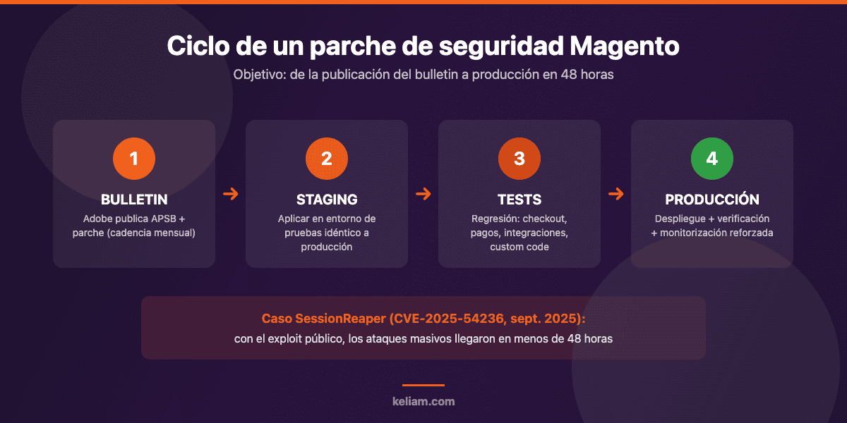 Ciclo de aplicación de un parche de seguridad en Magento 2: bulletin de Adobe, staging, tests de regresión y despliegue en producción en 48 horas