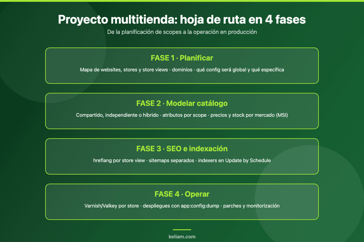 Hoja de ruta en 4 fases para un proyecto multitienda en Magento 2: planificación de scopes, modelado de catálogo, SEO e indexación y operación