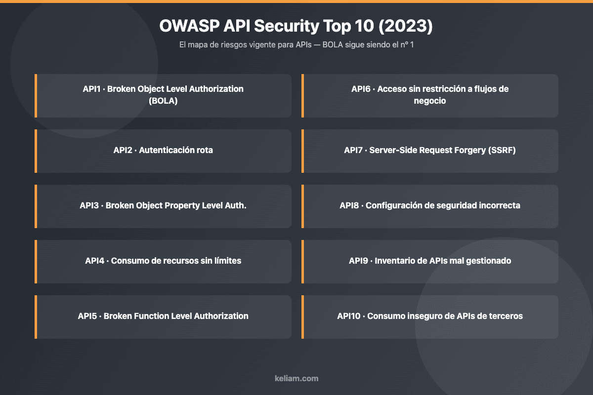 Infografía del OWASP API Security Top 10 de 2023 con los diez riesgos principales de seguridad en APIs REST