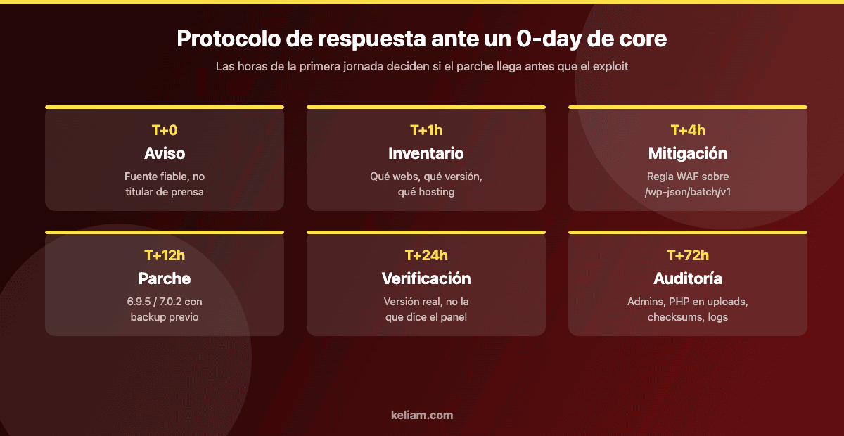 Protocolo de respuesta ante un 0-day de WordPress: aviso, inventario, mitigación WAF, parche, verificación y auditoría de compromiso