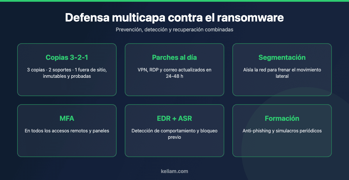 Diagrama de defensa multicapa contra ransomware: copias 3-2-1, parches, segmentación de red, MFA, EDR y formación anti-phishing