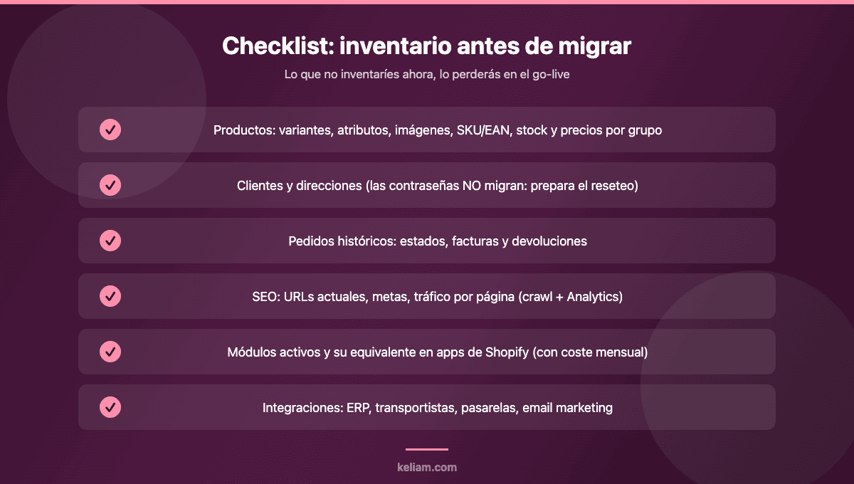 Checklist de inventario antes de migrar de PrestaShop a Shopify: productos, clientes, pedidos, SEO, módulos e integraciones