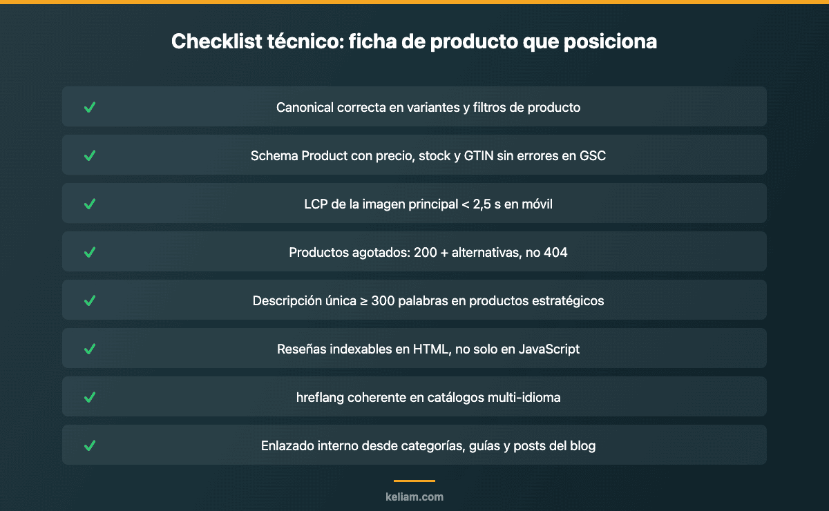 Checklist técnico de ficha de producto SEO: canonical, schema, LCP, stock, contenido único, reseñas, hreflang y enlazado interno