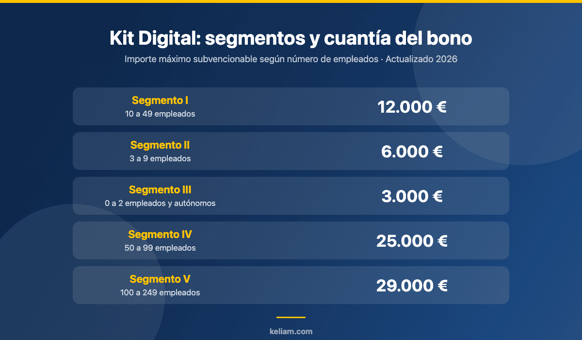 Kit Digital: segmentos I a V y cuantía máxima del bono digital según número de empleados