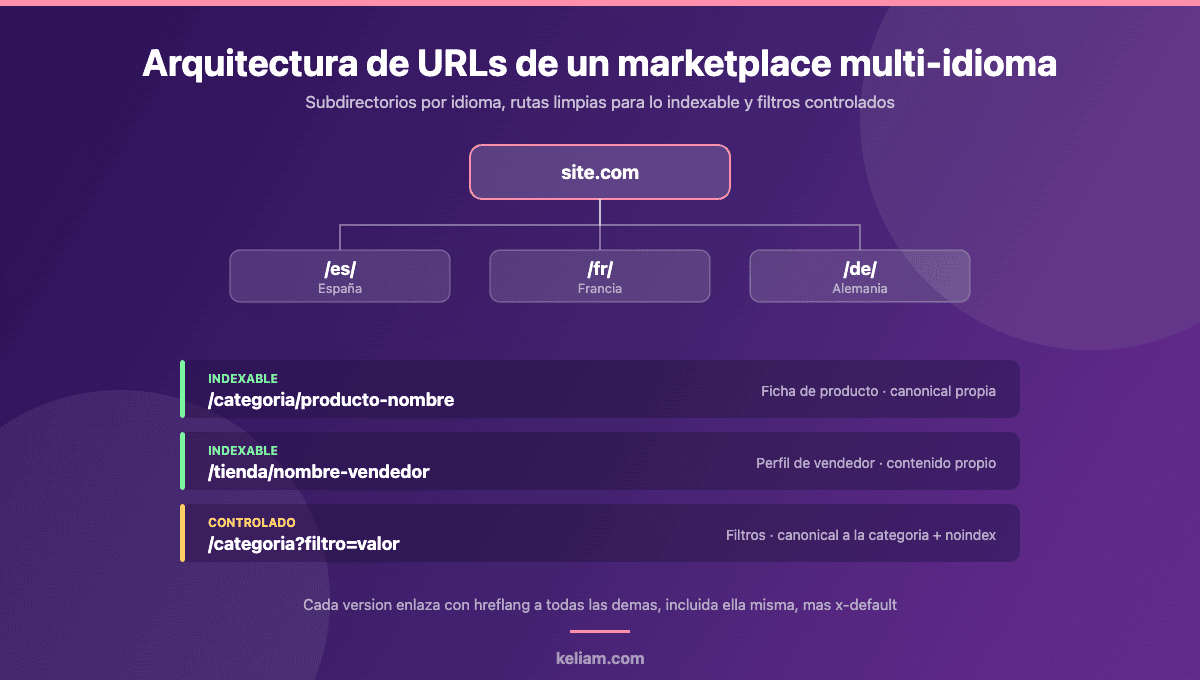 Arquitectura de URLs de un marketplace multi-idioma con subdirectorios por idioma, rutas indexables de producto y vendedor y filtros controlados con canonical y noindex