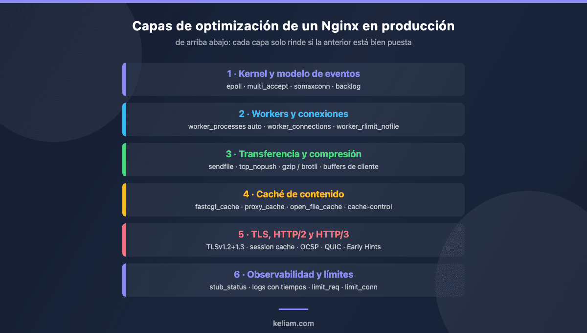 Las seis capas de optimización de Nginx en producción: kernel y eventos, workers, compresión, caché de contenido, TLS/HTTP3 y observabilidad