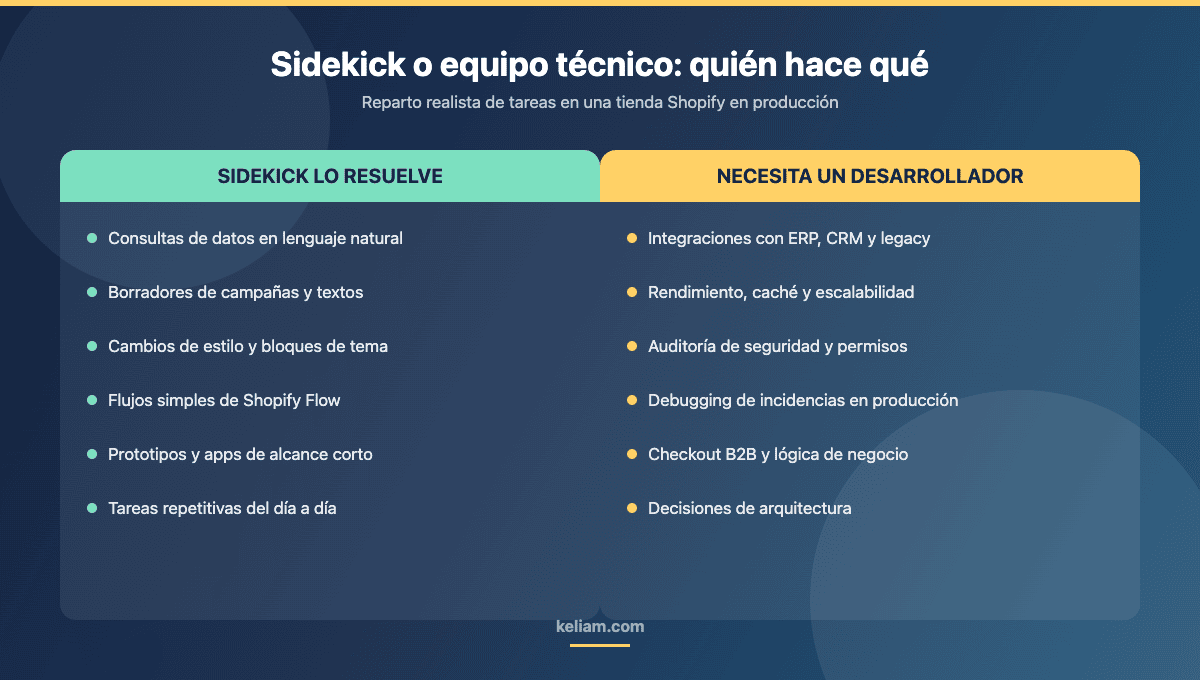 Comparativa de qué tareas resuelve Sidekick por sí solo y cuáles siguen necesitando un desarrollador en una tienda Shopify