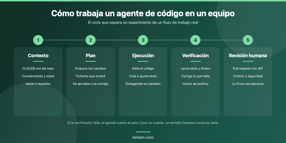 Diagrama del ciclo de trabajo de un agente de código en equipo: contexto, plan, ejecución, verificación automática y revisión humana antes de fusionar