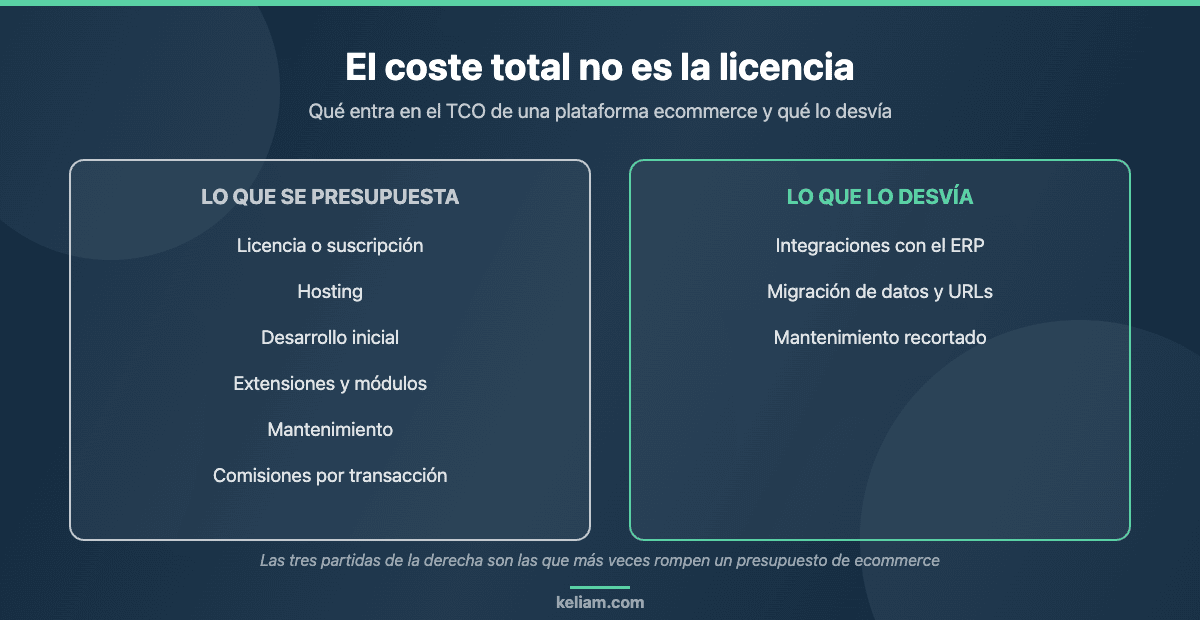 Esquema del coste total de propiedad de una plataforma ecommerce: partidas que se presupuestan frente a las que desvían el presupuesto