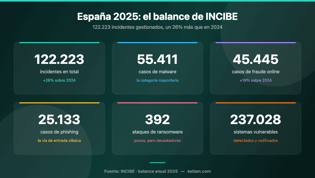 Balance de INCIBE para España en 2025: 122.223 incidentes gestionados, 55.411 de malware, 45.445 de fraude online, 25.133 de phishing, 392 de ransomware y 237.028 sistemas vulnerables detectados